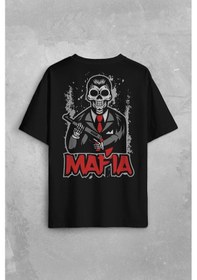 Resim Skull Ganster Mafia Temalı Silahlı Adam Sırt Ön Baskılı Oversize Tişört Unisex T-shirt 001 