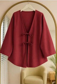 Resim Aişe tesettür Açık Bordo Önü Bağlamalı Kimono Tunik 