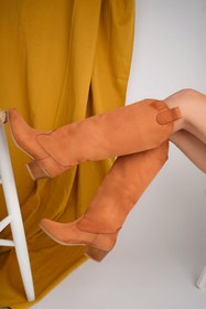 Resim Favi Ayakkabı Camel Süet Dizaltı Fermuarsız Western Tarzı Günlük Kadın Çizme 