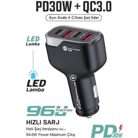Resim Carboon 96w Araç Şarj Cihazı Pd30w Qc3.0 4 Port Hızlı Şarj Type-c & Usb Çıkışlı Adaptör 