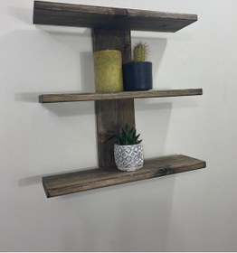 Resim O&Awood Doğal Ahşap Dekoratif Minimal Duvar Rafı,3 Katlı Vintage, Ceviz 