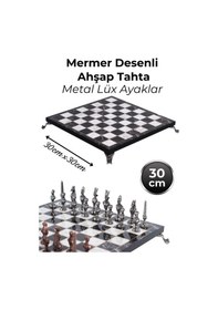 Resim Mc76 Antik Mısır Figürlü Metal Satranç Takımı - 30cm Mermer Desenli Tahta El Yapımı Taşlar 