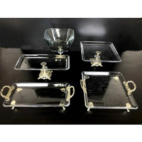 Resim Alfafe Home 5 Parça Gümüş Döküm Ayaklı Sunumluk Set Pasta Kurabiye Tatlı Servis Tabağı Gümüş 