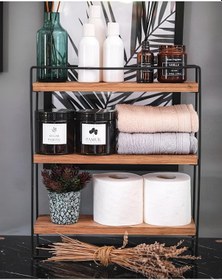 Resim DEKORATİF AHŞAP RAFLI METAL MUTFAK VE BANYO RAFI ÇOK AMAÇLI DUVAR Siyah 