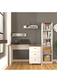 Resim Olven Raflı Çalışma Masası , Kitaplık Ve Keson Seti , Beyaz - Meş 