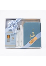 Resim Takke + Esans + Tesbih + Seccade + Kadife Kuran Hediye Seti Çanta Boy, Mavi 