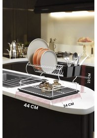 Resim 2 Katlı Beyaz Bulaşıklık Dayanıklı Paslanmaz Termoplastik Kaplama Bulaşık Sepeti, Tepsili, Tabak Ve Kaşık Kurutmalık - Beyaz - Siyah 