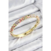 Resim Mineli Pirinç Zirkon Taşlı Pembe Mor Çiçek Motifli Gold Kadın Kelepçe 