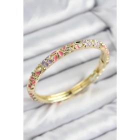 Resim Mineli Pirinç Zirkon Taşlı Pembe Mor Çiçek Motifli Gold Kadın Kelepçe 