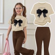 Resim Kızlar için Yazlık Nefes Alabilir Rahat Moda Günlük Takım Siyah Fiyonk Baskılı Yuvarlak Yaka Kısa Kollu Tişört + Geniş Paça Pantolon İki Parçalı - Dış Mekan İçin Mükemmel 