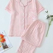 Resim Kadınların Ekose Desenli Rahat Pijama Takımı, Kısa Kollu Düğmeli Yaka Üst & Pantolon, Rahat ve Salaş Kesim 