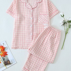 Resim Kadınların Ekose Desenli Rahat Pijama Takımı, Kısa Kollu Düğmeli Yaka Üst & Pantolon, Rahat ve Salaş Kesim 