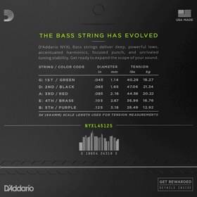 Resim D'Addario NYXL45125 NYXL Nickel 5 Telli Bas Gi̇tar Teli - Light/Medium (45-125) 