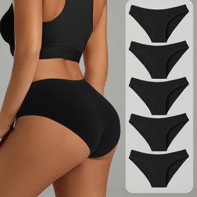 Resim 5 adet Kadın Yüksek Bel Thong İç Çamaşırı - Yumuşak Esnek Siyah Kısa İç Çamaşırı, Ribbed Dokulu, Rahat Kıyafetler İçin Uygun, Yüksek Bel İç Çamaşırı, Pürüzsüz Dokulu Kumaş 