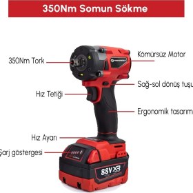 Resim Prohummer PH304 Profesyonel Yeni Kırmızı 4lü Set Makine - 350NM Somun Sökme, Kırıcı Delici, 125MM Avuç Taşlama, 13MM Vidalama Matkap 