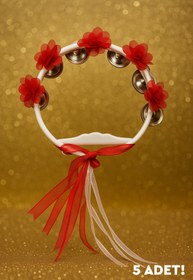 Resim Hobi Stok 5'li Paket - Lazer Kesim Kırmızı Çiçekli Kurdele Süslemeli Gelin Nedime Kına Gecesi Tefi 