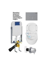Resim Creavit Gr5001-tp329 Kanalsız Gömme Rezervuar Seti Tam Takım Yavaş Kapanır Kapak - Mat Buton Beyaz 