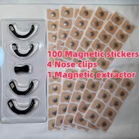 Resim 100 Manyetik Etiket + 4 Burun Klipsi + 1 Manyetik Geri Alma Cihazı Burun Genişletme, Dış Burun Yaması, Burun İnhilasyonu, Manyetik Burun Bandı, Burun Solunum Genişleticisi, Erkekler ve Kadınlar için Uygun 