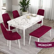 Resim Canisa Concept Eta Serisi 80 x 132 cm Açılabilir Mdf Mutfak Masa Takımı Beyaz Mermer Desen Masa 4 Sandalye ve 1 Bench 