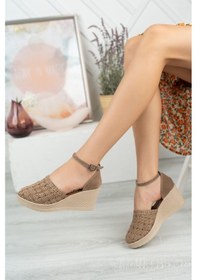 Resim EPAAVM - Dolgu Taban Ekose Örgü Taşlı Vizon Karnıyarık Ayakka... 