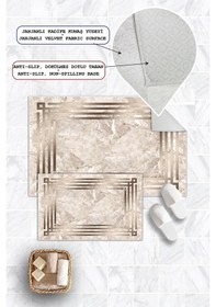 Resim Dijital Baskı Mermer Desen Kaymaz Taban 2li Set Banyo Paspası Klozet Takımı 50x60cm-60x100cm Kahverengi 