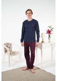 Resim Estiva Penye İnterlok Kareli Uzun Kol Erkek Pijama Takım Lacivert 