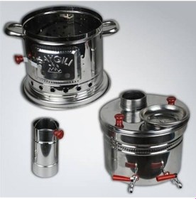 Resim Çift Musluklu İçinden Demlikli Paslanmaz Odunlu Cay Semaverı Komu 