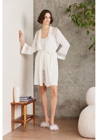 Resim Pierre Cardin 4015 Penye Dantelli Gecelik Ve Sabahlık Takım Ekru 