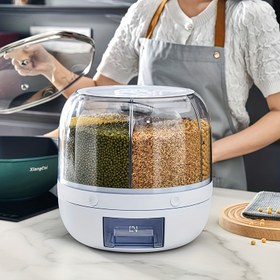 Resim Geniş Kapasiteli Döner Pirinç Dağıtıcı & Gıda Saklama Kabı - Şeffaf Çok Bölmeli Tasarım, Nem & Böcek Dirençli, Pirinç, Tahıl, Un & Evcil Hayvan Yemi İçin İdeal, Mutfak Düzeni Temel, Tahıl Saklama Kabı | Şeffaf Tasarım | Dayanıklı Plastik Kap 