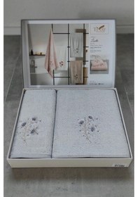 Resim 2'li Nakışlı Bambu Banyo Havlu Seti-tivoli Lisette Gri 