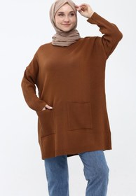 Resim ilmek Kadın Taba Çift Cepli Tesettür Uzun Tesettür Triko Tunik 4305 