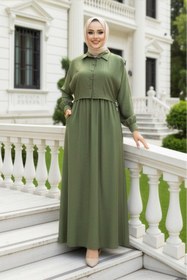 Resim N.S NEVA STYLE Süveter Detaylı Haki Tesettür Elbise 7253HK 