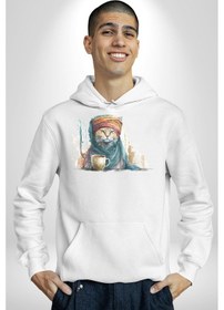 Resim Türk Kahvesi Kedi Kadın Erkek Beyaz Kapüşonlu Sweatshirt Hoodie Beyaz 