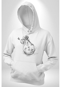Resim Astronot Gök Taşı Yavarlarken Kadın Erkek Beyaz Kapüşonlu Sweatshirt Hoodie Beyaz 