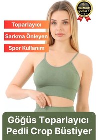 Resim Svein Göğüs Toparlayıcı Sarkma Önleyen Gündelik Spor Kullanım İnce İp Askılı Pedli Çizgili Crop Büstiyer Yeşil 