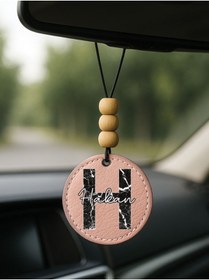 Resim Cekuonline Kişiye Özel İsim Yazılı 1.Sınıf Deri Ahşap Dekorlu Dikiz Aynası Süsü Pudra Pembe - H Harfi 