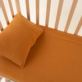 Resim Bebek Lastikli Çarşaf ve Yastık Kılıfı - Dört Katlı Organik Muslin - Hardal 