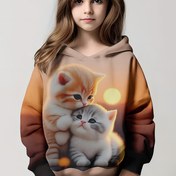 Resim Kızlar için Sevimli 3D Yavru Kedi & Anne Baskılı Hoodie - Gradyan Turuncu-Kahverengi Tasarım, Sevimli Kedi Grafikli ve Siyah Kenarlı Rahat Uzun Kollu Kazak, İlkbahar & Sonbahar için Mükemmel 