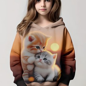 Resim Kızlar için Sevimli 3D Yavru Kedi & Anne Baskılı Hoodie - Gradyan Turuncu-Kahverengi Tasarım, Sevimli Kedi Grafikli ve Siyah Kenarlı Rahat Uzun Kollu Kazak, İlkbahar & Sonbahar için Mükemmel 
