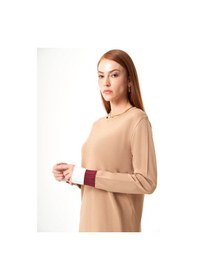 Resim Mizalle Kol Piliseli Rayon Triko Camel-beyaz Tunik Camel 