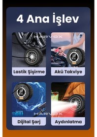 Resim Harvox 10.000mah Akü Takviyeli Hava Kompresörü Şarjlı Powerbankli Göstergeli Araç Lastik Şişirme 150 Psı 