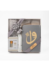 Resim Takke + Esans + Tesbih + Seccade + Kadife Kuran Hediye Seti Hafız Boy, Gri 