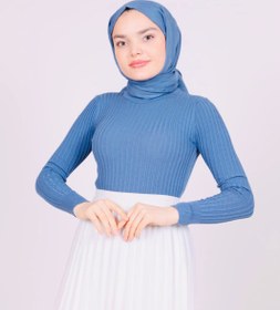 Resim Boğazlı Triko Badi Mavi - Standart 
