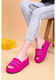 Resim Olga Fuşya Renkli Yüksek Taban Taşlı Detaylı Lüx Terlik-fuşya Fuşya 