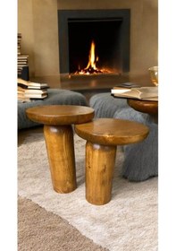 Resim Wood Ahşap 2 Li Set Mantar Tik Ağacı Renk Yan Sehpa Modern Fiskos / Çiçeklik / Zigon Kahverengi 