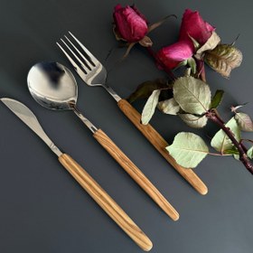 Resim Zeytin Ağacı Saplı El Yapımı Çatal Kaşık Bıçak - 3’lü & 7’li Paslanmaz Çelik Set - Yemek Çatalı 