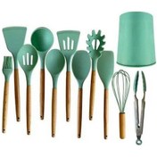 Resim Pazly Ahşap Saplı Silikon Barbekü Mutfak Seti 12 Parçalı Göl Yeşili Depolama Kovası Yapışmaz Kaşık Kürek Yeşil 