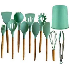 Resim Pazly Ahşap Saplı Silikon Barbekü Mutfak Seti 12 Parçalı Göl Yeşili Depolama Kovası Yapışmaz Kaşık Kürek Yeşil 