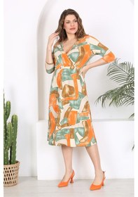 Resim Kadın Turuncu Yeşil Geometrik Desen Kruvaze Yaka Esnek Bel Büyük Beden Elbise-turuncu Turuncu 