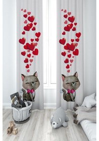 Resim Mekta Home Bebek Ve Çocuk Odası Kedi Ve Kalp Desenli 2 Kanat Fon Perde 